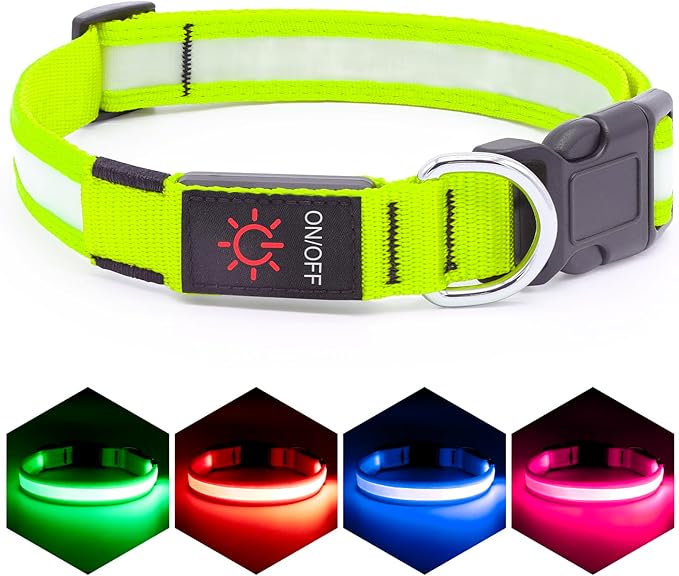 Vizpet LED Dog Collar, Light Up Dog Collar Adjustable USB Rechargeable Super Bright Safety Light Glowing Collars for Dogs(Large,Green)