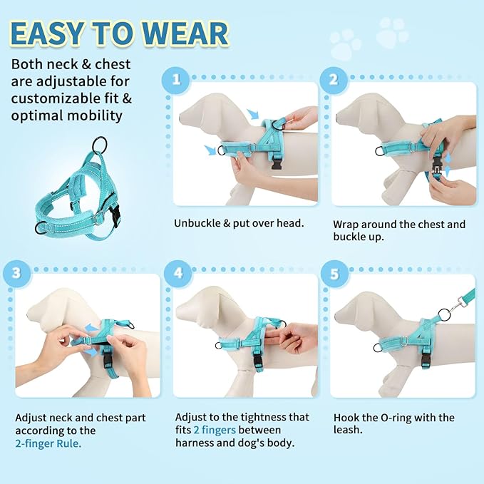 SlowTon No Pull Small Dog Harness and Leash Set, Puppy Soft Vest Harness Neck & Chest Adjustable, Reflective Lightweight Harness & Anti-Twist Pet Lead Combo for Small Medium Dogs(BL-Front Clip,S)