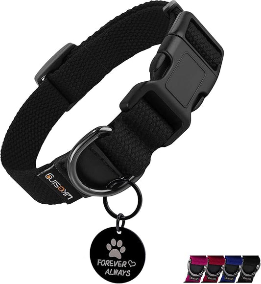Cotton Soft Dog Collar, Quick Release Dog Collar with Buckle, Heavy-Duty Adjustable Pet Collar for XS Small Medium Large Dog, Colorfast Dog Collars with Removable Tag(S, Black)