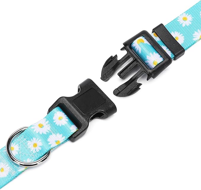 Adjustable Dog Collar with Patterns, Ultra Comfy Soft Nylon Breathable Pet Collar for Small Medium Large Dogs (L, Blue Daisy)