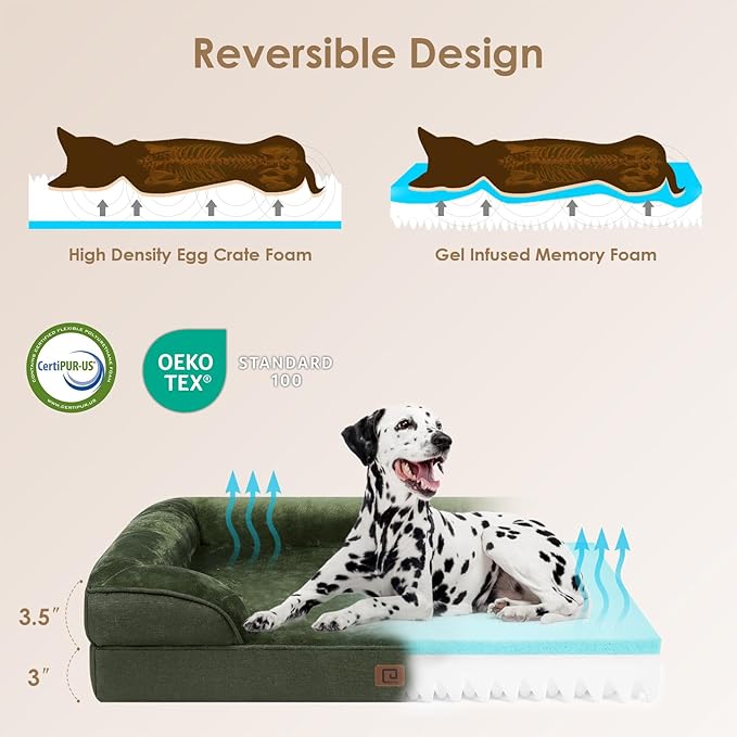EHEYCIGA Orthopedic Dog Beds for Large Dogs, Waterproof Memory Foam Large Dog Bed with Sides, Non-Slip Bottom and Egg-Crate Foam Pet Couch Bed with Washable Removable Cover, Dark Green