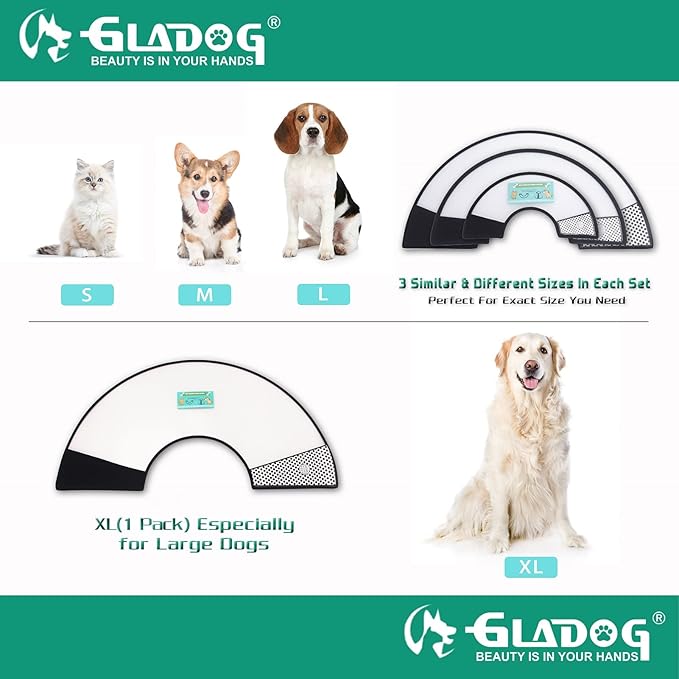 GLADOG Soft Dog Cone Collar, 3 PCS (XL is Only 1 PCS) Flexible Plastic Cone for Dogs After Surgery, Dog Recovery Collar, Adjustable E-Collar for Large/Medium/Small Dogs Cat, Comfy Elizabethan Collar