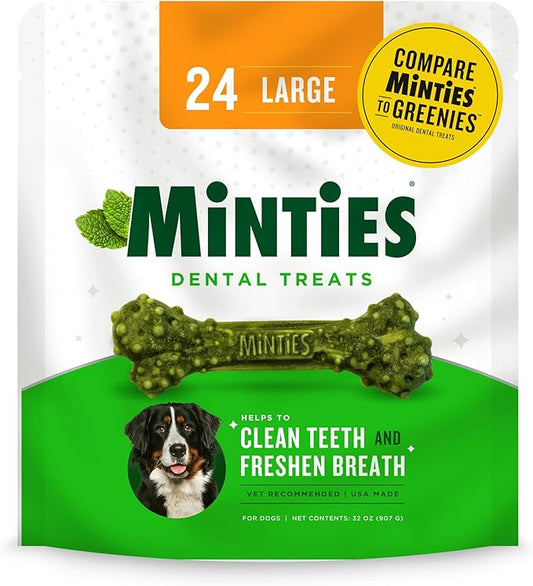 Minties Dental Chews for Dogs, 24 Count, Vet-Recommended Mint-Flavored Treats for Large Dogs Over 50 lbs, Dental Bones Clean Teeth, Fight Bad Breath, and Removes Plaque and Tartar