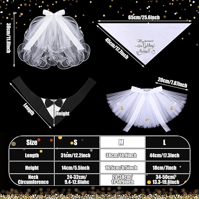 4 Pcs Dog Wedding Costume Set Include Veil with Clip, Bandana, Skirt, Adjustable Formal Bandana with Bowtie for Dog Bride Bridegroom Outfit Wedding Party(Medium)
