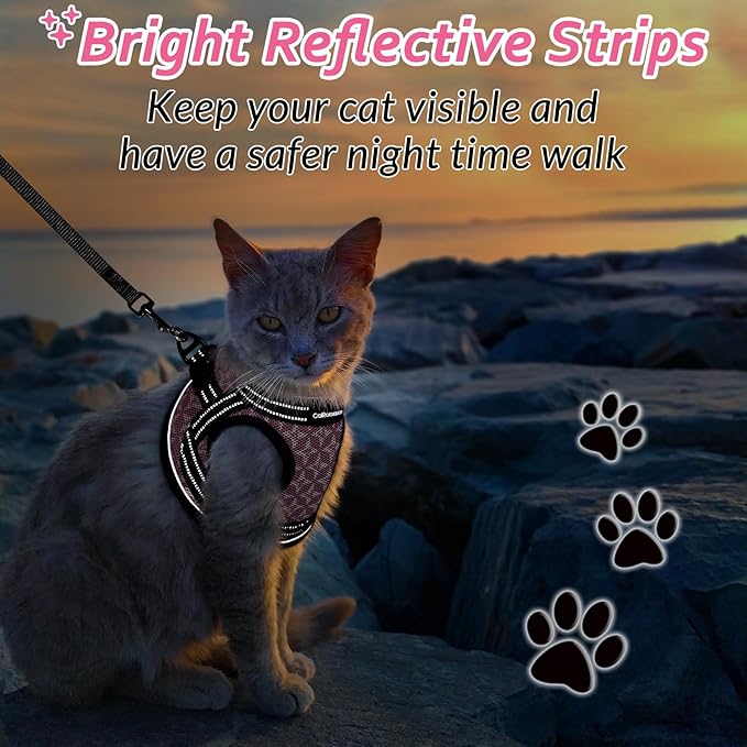 Cat Harness and Leash Escape Proof for Walking, Safe Adjustable Large Kitten Vest Set with Reflective Strip for Kitty, Easy Control Comfortable Soft Outdoor Pet Harnesses, Pink, Large