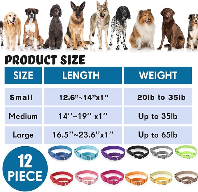 Cunno 12 Pcs Martingale Collar for Medium Dogs Reflective Dog Collar with Durable Metal Buckle Adjustable Nylon Pet Prevent Slipping Out for Pupplies, 12 Colors(Small)