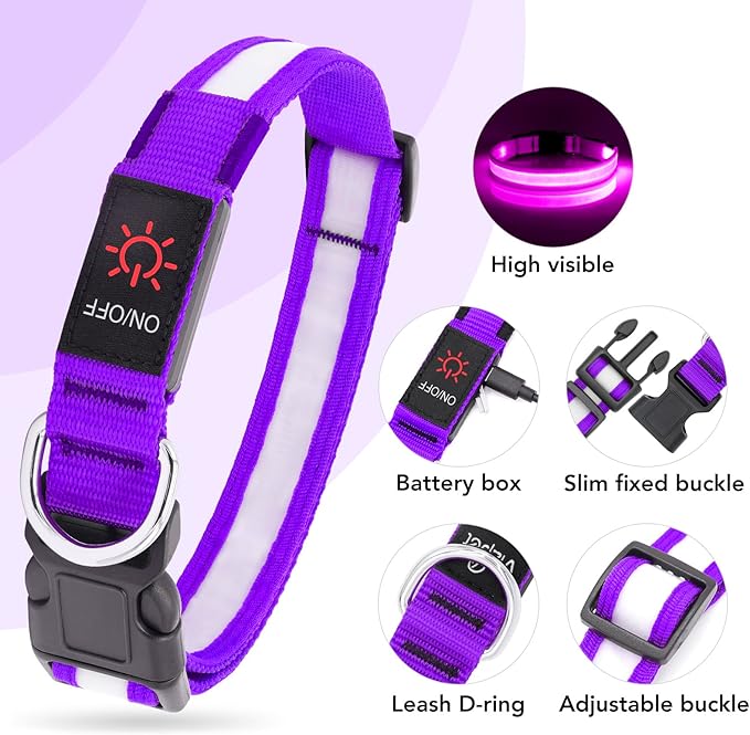 VIZPET LED Dog Collar, Light Up Dog Collar Adjustable USB Rechargeable Super Bright Safety Light Glowing Collars for Dogs (Purple, Medium[14.96-19.68 inch/38-50cm])
