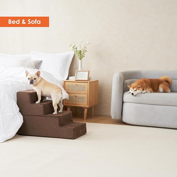EHEYCIGA Dog Stairs for Bed 20”H, 4-Step Extra Wide Dog Steps for High Bed, Pet Steps for Small Dogs and Cats, Non-Slip Balanced Pet Ramp, Brown