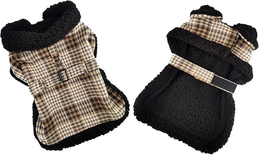 Sherpa-Lined Dog Harness Coat (Small, Brown & White Plaid)