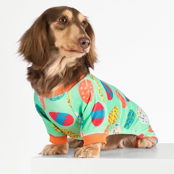 Fitwarm Easter Egg Dog Pajamas, Holiday Dog Clothes for Small Dogs Girl Boy, Pet Easter Outfit, Puppy Cat Onesie, Lightweight Velvet, Light Green, Orange, Medium