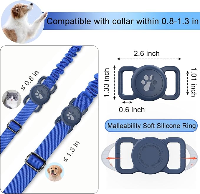 SANKALA Airtag Dog Collar Holder, [1 Pack] Waterproof Dog Airtag Holder, Silicone Full Body Covered Anti-Lost Protective Apple Air Tag Holder for Pet Collar - Fits All Width Collars, Blue