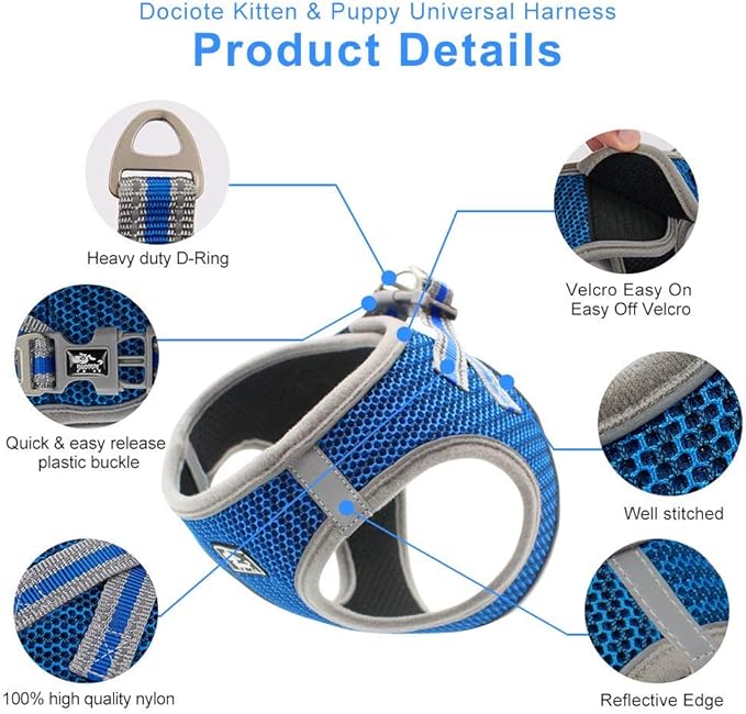Dog and Cat Universal Harness with Leash - Cat Harness Escape Proof - Adjustable Reflective Step in Dog Harness for Small Dogs Medium Dogs - Soft Mesh Comfort Fit No Pull No Choke (S, Blue)