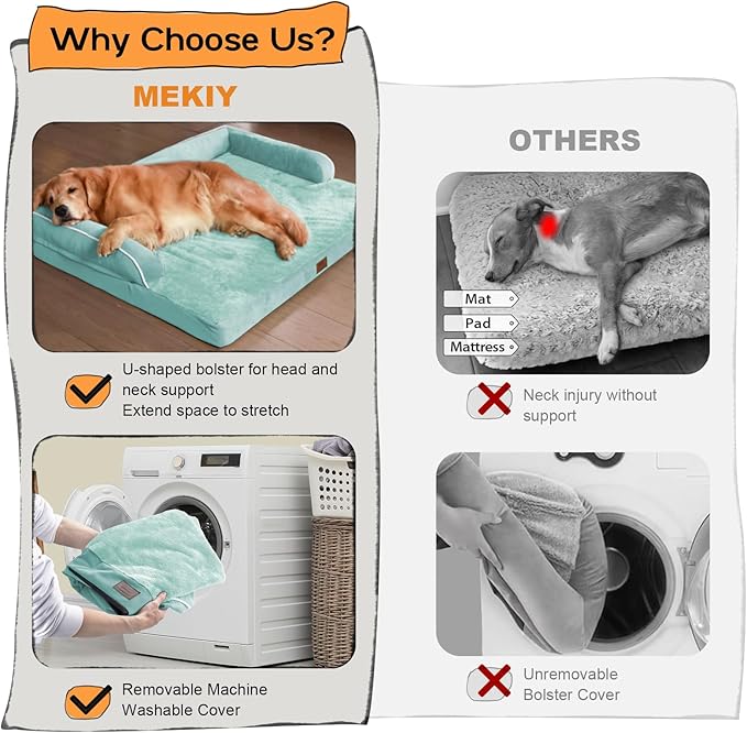 Orthopedic Washable Large Dog Bed, Dog Beds with Removable Cover, Large X XL Pet with Bolster, Washable Aqua Blue Dog Beds with Orthopedic Egg Foam for Medium Large Dogs