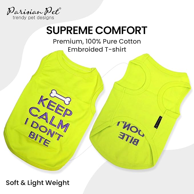 Parisian Pet Dog Tshirt - Embroidered “Keep Calm I Dont Bite “ Dogs Apparel - Breathable and Lightweight Doggy Clothes - Sleeveless Dog Tee Shirts - Machine Washable Shirts for Medium Dogs - M