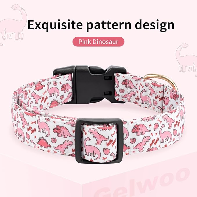 Cotton Dog Collar,Soft and Cute Puppy Collars with Pink Dinosaur Patterned Design for Girl Female Boy Dogs,Adjustable Buckle Pet Collar for Small Medium Large Dogs (Pink Dinosaur, Medium)