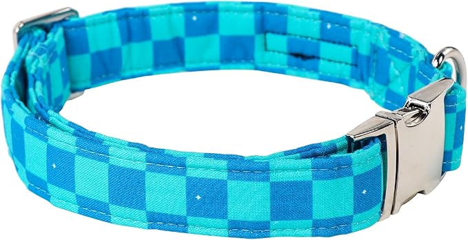 Maca Bates Checkered Mint Blue Dog Grid Collar for Small Dogs Adjustable Plaid Collars Accessories Gift for Small Medium Large XL Puppy with Golden Metal Buckle