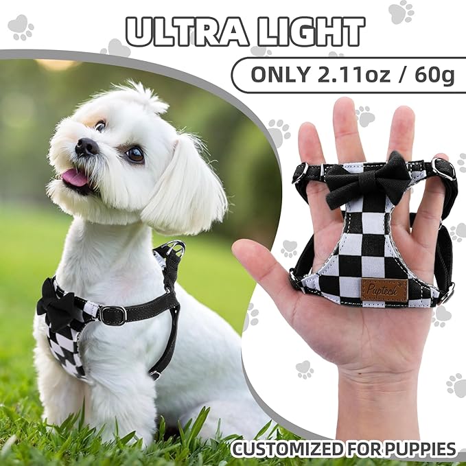 PUPTECK Dog Harness and Leash Set Small Sized, Step-in Cute Puppy Harness, Soft Lightweight Padded Vest, Escape Proof No Pull Pet Harnesses Easy for Walking, Plaid Black & White, S