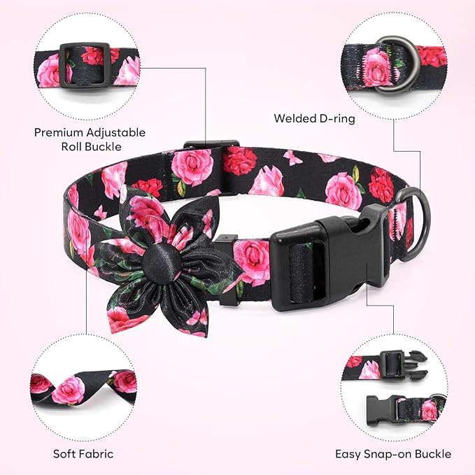 Floral Girl Dog Collars with Flower Bow Tie for Small, Medium & Large Dogs & Cats