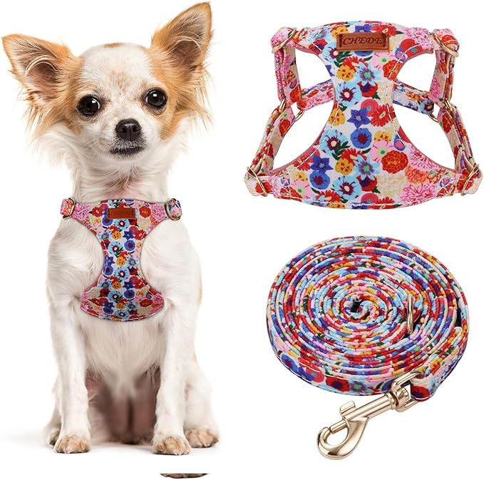 CHEDE No Pull Floral Pattern Dog Harness- Lightweight and Soft Dog Harness, Adjustable Small Dog Harness and Leash Set, with Dog Leash, Suitable for Puppy Small and Medium-Sized Dog