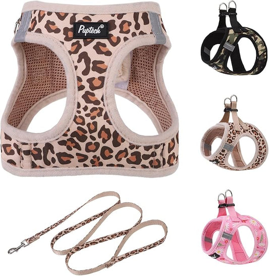 PUPTECK Dog Harness and Leash Set for Small Medium Dogs No Pull Step-in Soft Mesh Puppy Cat Vest Harnesses Reflective at Night, Brown Leopard Print, M