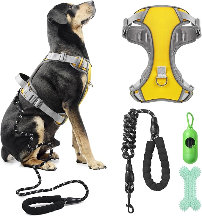 Dog Harness Adjustable Reflective Easy Control for Medium/Large Dog Harness with A Free Heavy Duty 5ft Dog Leash (Neck: 18,5"-25", Chest: 21"-27.9")(Yellow, Large)