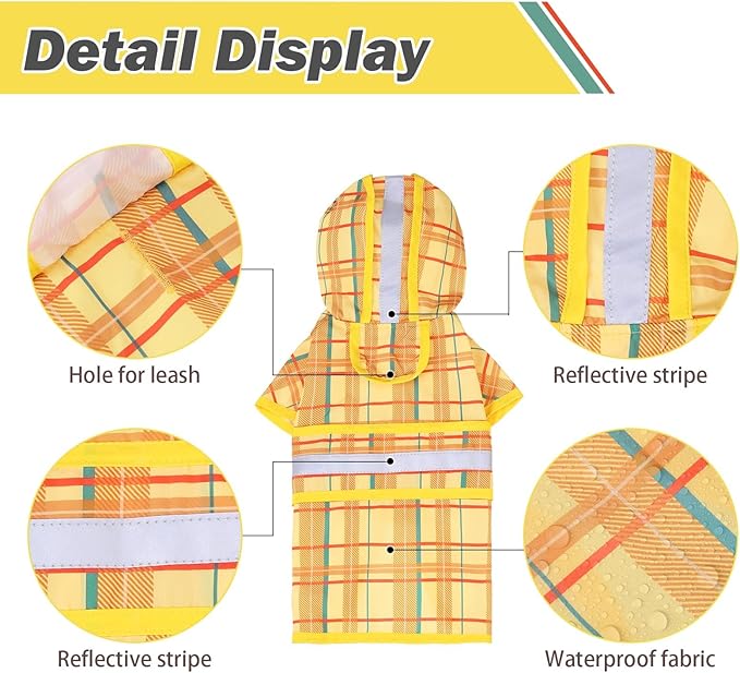 KOOLTAIL Dog Raincoat Hooded Slicker Poncho with Leash Hole, Raincoat for Small Medium Dogs, Waterproof Doggie Rain Jacket with Reflective Strip, Adjustable Breathable Plaid Puppy Rainwear-Yellow