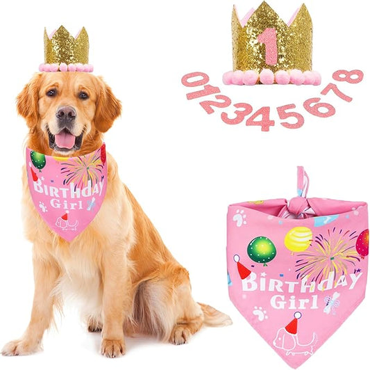 ADOGGYGO Dog Bandana Hat Set for Birthday Party Supply, Boy Girl Pet Birthday Scarf for Extra Large Dog (X-Large, Pink)