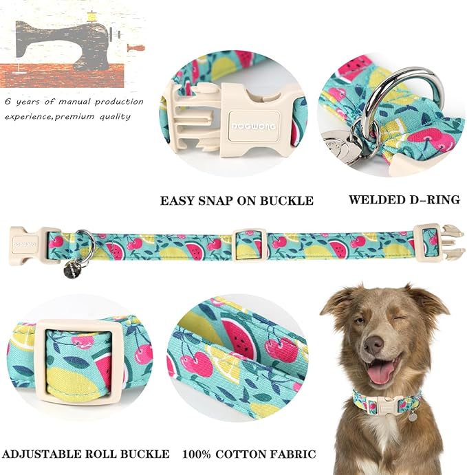 DOGWONG Cotton Dog Collar, Spring Summer Dog Collar Durable Soft Natural Fabric Pet Dog Collar Cute Wedding Puppy Necklace for Small Medium Large Dog
