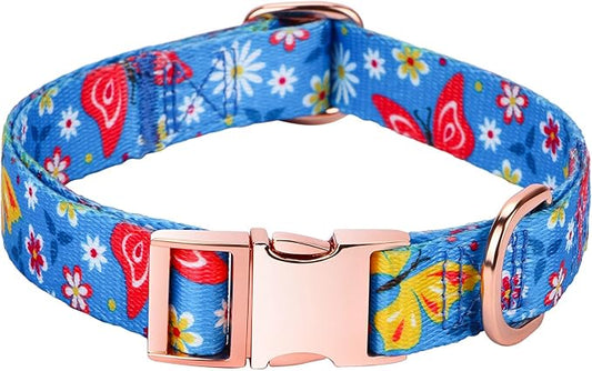 Rhea Rose Ctue Girl Dog Collars Blue Flower and Butterfly Pattern with Metal Buckle for Puppy Small Medium Large Dogs Small