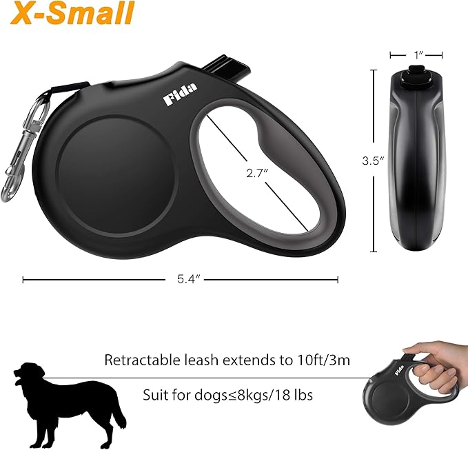 Fida Retractable Dog Leash with Dispenser and Poop Bags, 10 ft Pet Walking Leash for X-Small Dog or Cat up to 18 lbs, Anti-Slip Handle, Tangle Free, Reflective Nylon Tape (XS, Black)