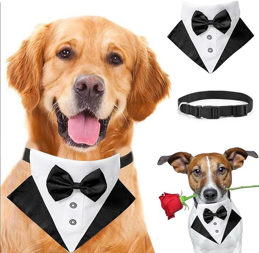 Tuxedo Costume Black Wedding Bandana Nylon Collar Suit With Bow Tie Adjustable Tux Formal Clothes for Small Medium Large Dogs Pet Halloween Birthday Christmas Dress Outfits
