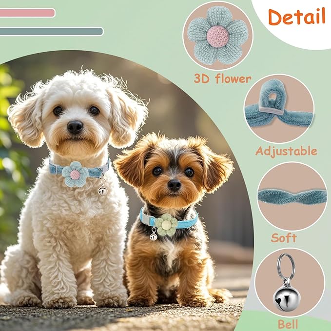 Puppy Collars for Litter, Small Dog Collar with Flower, XS Dog Collars for Small Dogs with Bell for Girl Boy Little Dog(Green + Blue)