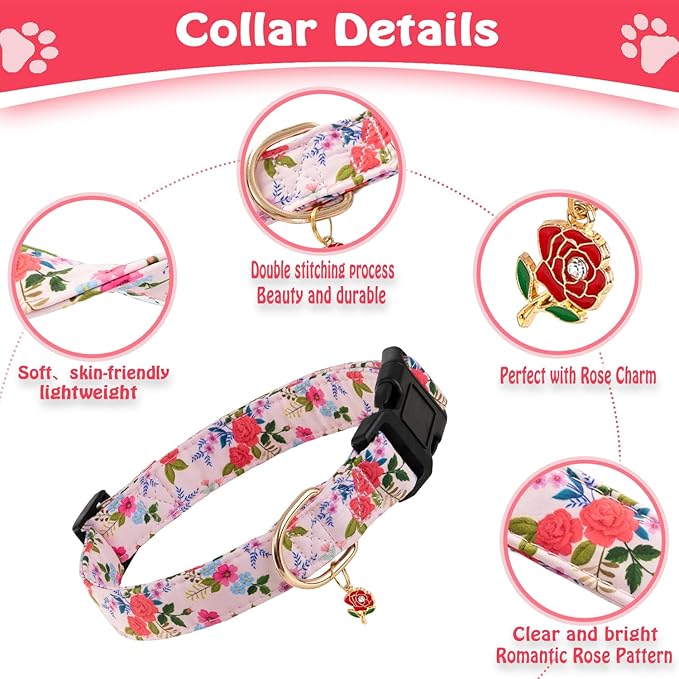 Cute Rose Dog Collar for Small Medium Large Dogs Special Design Cute Pink Rose Dog Collar for Girl Female Dogs Soft Adjustable Rose Puppy Collars for Girl Female Dogs M