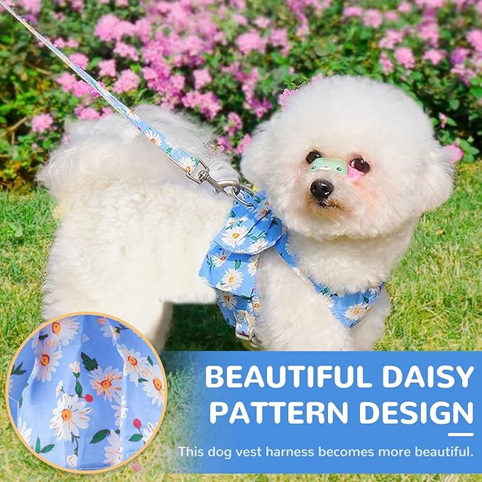 BAEJMJK Dog Harness and Leash Set with Bow Knot No Pull Pet Daisy Floral Harness with D-Ring Soft Mesh Dog Harness Vest Set Escape Proof Princess Puppy Harness for Small Girl Dogs Cats（Blue B L）