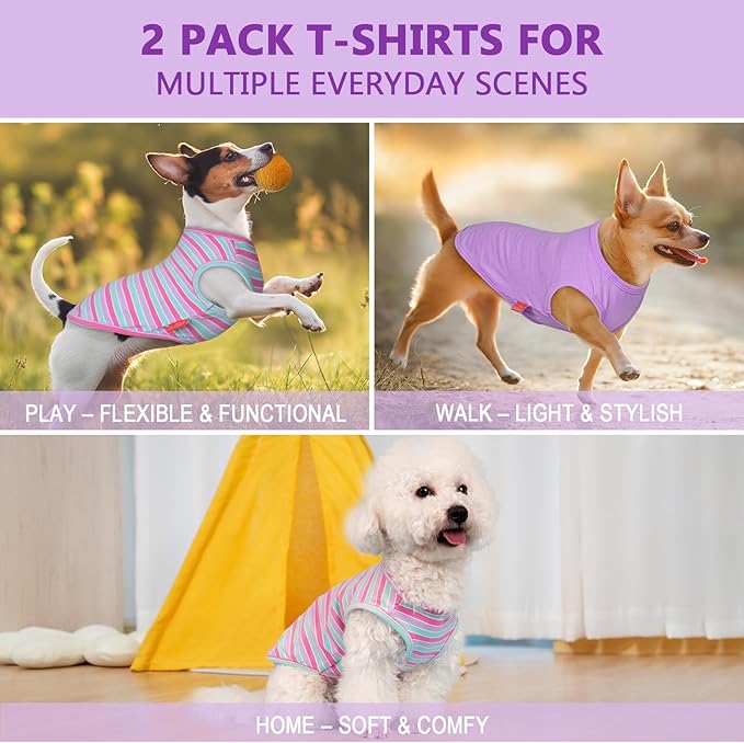 KYEESE 2Pack Dog Shirts Striped T Shirt for Medium Dogs Boy Lightweight Sleeveless Vest Cotton Tank Top Clothes, XX-Large,Purple+Striped
