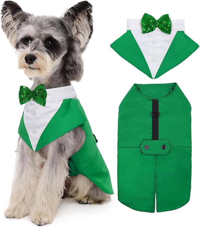 Kuoser St. Patrick's Day Dog Tuxedo Suit and Bandana Set, Large Dog Wedding & Party Attire, Prince Bow Tie Shirt, Golden Retriever, Samo Bulldogs