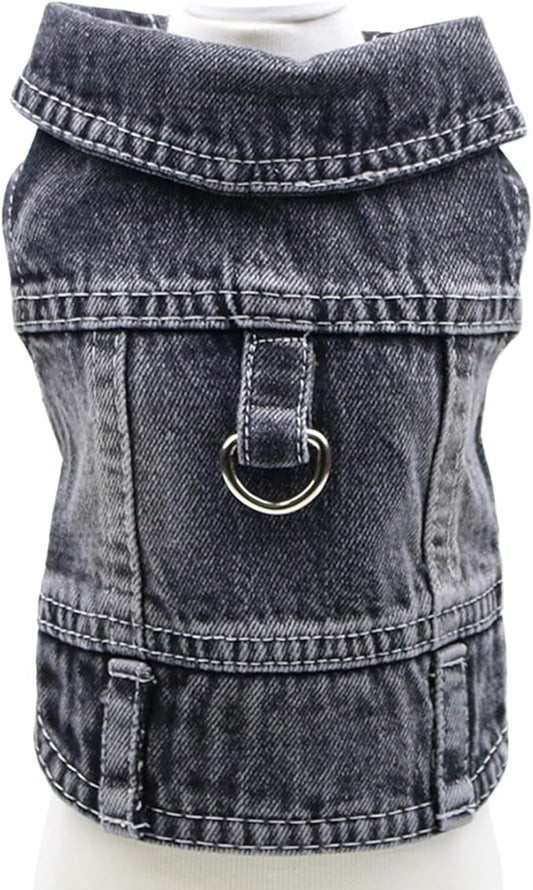 Puppy Clothes for Small Dogs Boy,Classic Western Denim Dog Coat,Dog Jeans Jacket with Leash D-Ring,Pet Cat Costumes,Cooling Harness Vest for Walking (Black, Medium)