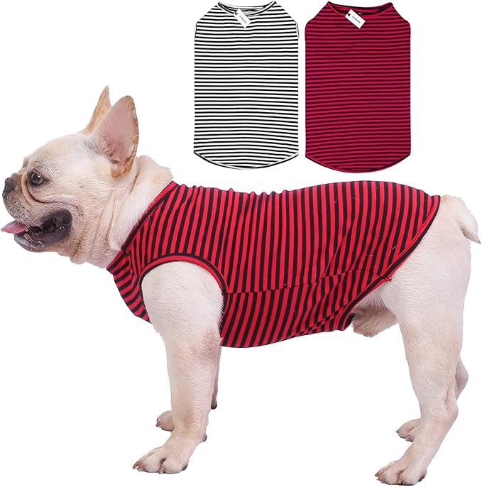 Dog Shirts Cotton Striped T-Shirts, Breathable Basic Vest for Puppy and Cat, Super Soft Stretchable Doggy Tee Tank Top Sleeveless, Fashion & Cute Color for Boys and Girls (S, Black+Red)