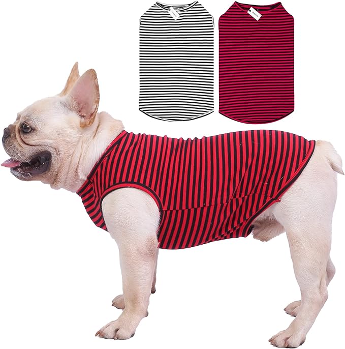 Dog Shirts Cotton Striped T-Shirts, Breathable Basic Vest for Puppy and Cat, Super Soft Stretchable Doggy Tee Tank Top Sleeveless, Fashion & Cute Color for Boys and Girls (XS, Black+Red)