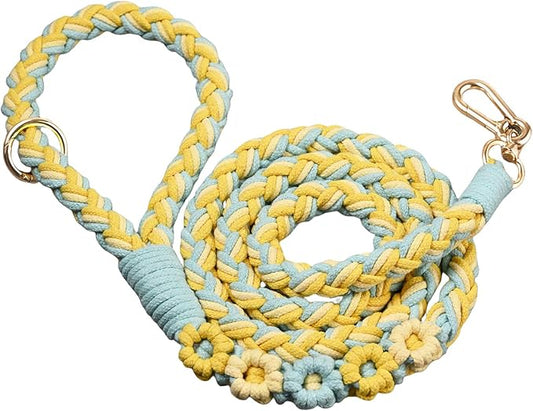 Handmade 5ft Braided Cotton Dog Leash with Unique Floral Handle, Durable and Stylish, Ideal for Small to Large Dogs, Blue & Yellow Twist