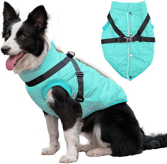 Dog Jacket with Harness,Fleece Lined Warm Puppy Coat for Winter,Soft Windproof Large Dog Vest,Bluegreen XXXL