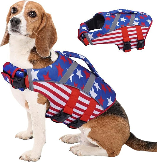 Kuoser Dog Life Jacket for Medium Dogs, American Flag Design, Red, White, Blue, Large, Reflective, Adjustable, Oxford, Nylon, Pearl Cotton, Buckle, Straps Closure