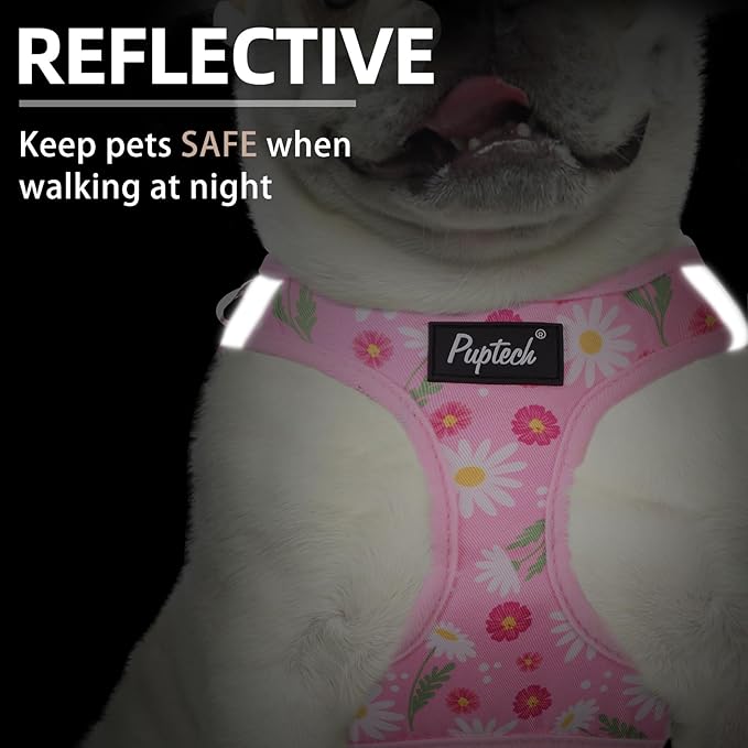 PUPTECK Dog Harness and Leash Set for Small Medium Dogs No Pull Step-in Soft Mesh Puppy Cat Vest Harnesses Reflective at Night, Pink Floral, S