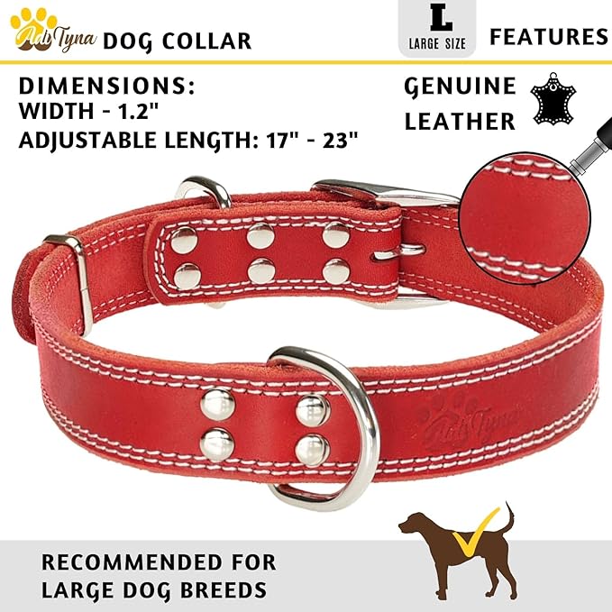 ADITYNA Heavy Duty Red Leather Dog Collar for Large Dogs - Soft and Strong Leather Collar for Walking and Training