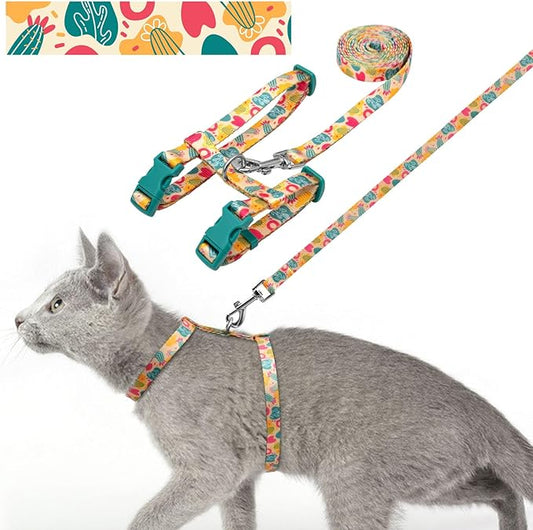 azuza Cat Harness and Leash Set for Safe Walking and Travel, Escape Proof Cat Harness, Lightweight Soft and Comfortable, Adjustable Kitten Harness for Small Medium Large Cats, Yellow Cactus