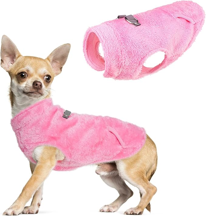 SCENEREAL Fleece Vest Dog Sweater, Dog Jacket with Harness Built in Pocket for Small Medium Dogs, Pet Cold Weather Coat with Soft Lining, Plush Warm Pullover Clothes for Puppy Boys Girls