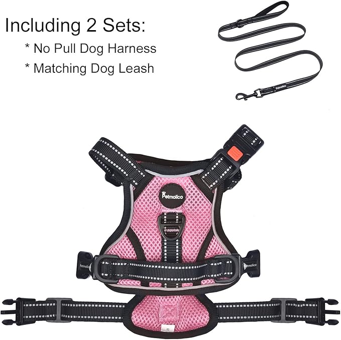 Petmolico No Pull Dog Harness and Leash Set, No Choke 4 Leash Attchments Easy Control Handle Soft Padded Reflective Vest Dog Harness for Medium Dog Breed, Pink Medium