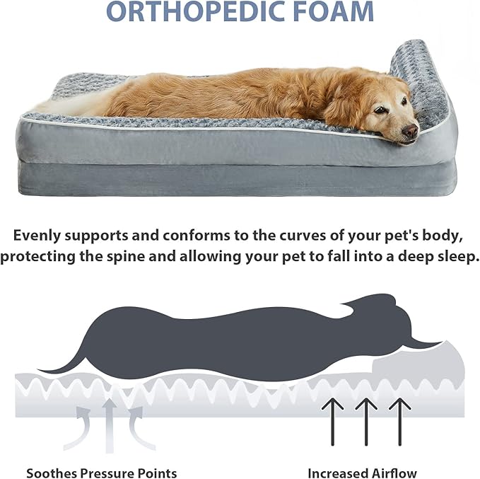 BFPETHOME Orthopedic Dog Bed for Extra Large Dogs - Big Waterproof Sofa Dog Bed with Removable Washable Cover, L-Shaped, Grey