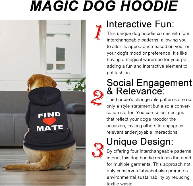 GreenJoy Magic Dog Hoodie with 4 Interchangeable Patterns - Puppy,Cat,Kitten Small Medium Large Dodge Coat Hooded Sweatshirt (Small, Black (Letter Print B))