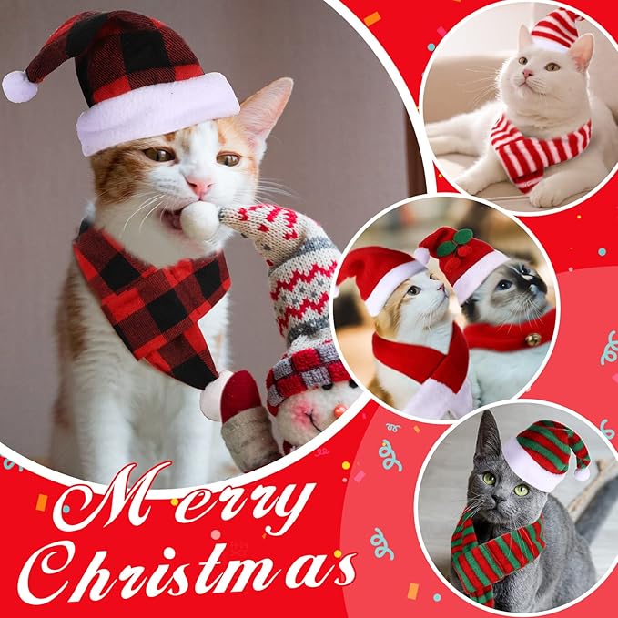 Oudain 10 Pieces Christmas Cat Santa Hats with Scarf and Collar Set, Christmas Cat Costumes Pet Santa Hat Scarf Set Puppy Dog Xmas Hat Outfit for Cats Small Dogs Puppy Accessories